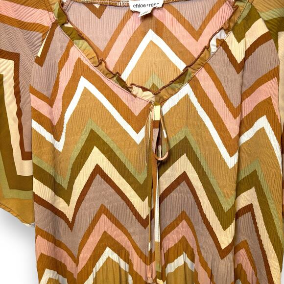 Chloe + Rene Chevron Baby Doll Top Womens Size Small Medium Pink, Brown Y2K Flow - Picture 2 of 6
